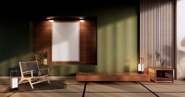 Cabinet wooden display design on Green room japanese minimalist living roon unterior, 3D rendering