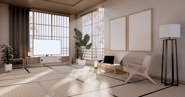 Cabinet wooden display design on room japanese minimalist living roon unterior, 3D rendering