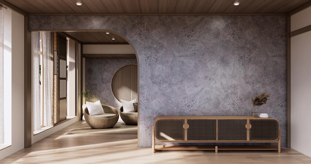 Кабинет деревянный японский дизайн на фоне пустой стены в стиле муджи гостиной