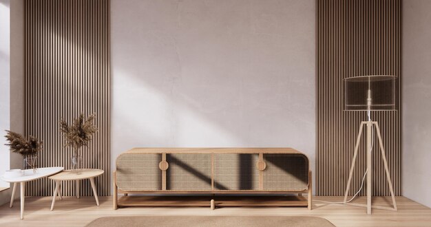 Деревянный дизайн шкафа в гостиной в стиле ваби-саби на пустом фоне стены