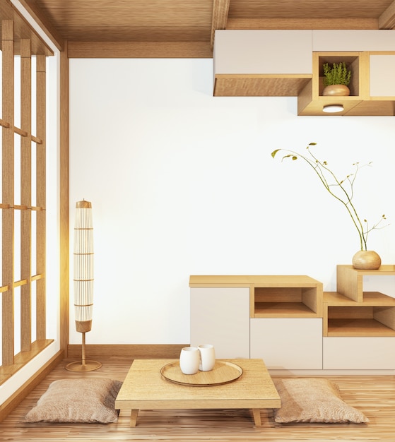 Шкаф деревянный в японском стиле с низким столом деревянный и сидячая подушка Пустая комната минимальный интерьер.3D рендеринг