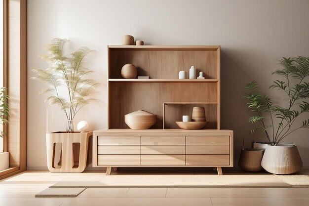 キャビネット木製ミニマル日本デザインの部屋モダンな禅デザイン 3 d レンダリング