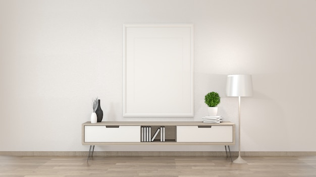 cabinet in zen living room on white wall, 3d rendering