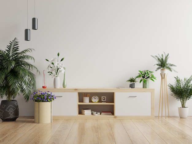 Cabinets and wall for tv in living room, Mockup white wall.