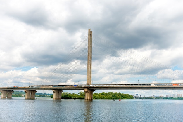 Cable bridge on the river. Ukraine, Kiev, Dnepr