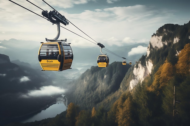 Cable car or gondola transporting tourists up a mountain