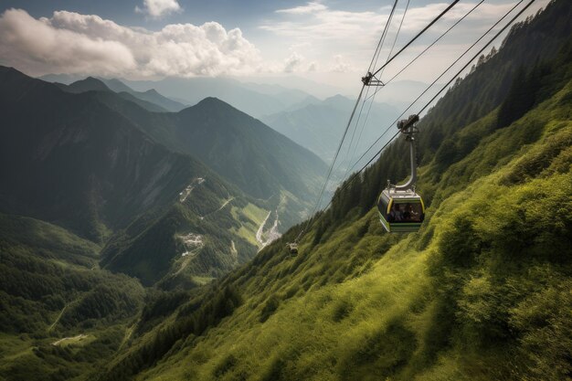 Cable car Majestic mountains green valleys and colorful suspended cabins generative IA