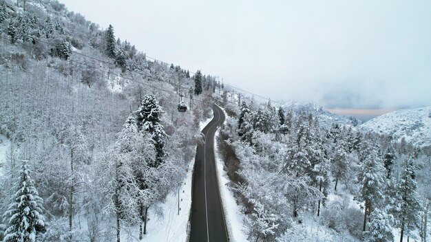 Photo cable car in the mountains in the winter forest