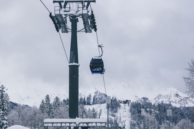 Cable car in the ski resort, cable car cabin