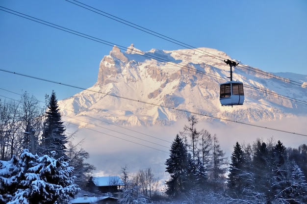 Cable car above trees and in front snowy peak mountain