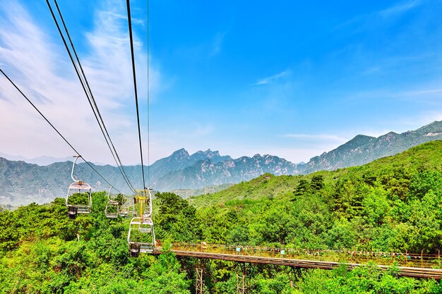 Cableway (aerial ropeway) on the rise on the Great Wall. Section "Mutianyu".