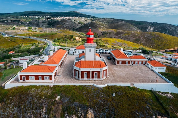 Cabo da Roca Portugal September 18 2022 Aerial drone view of iconic lighthouse at Cabo da Roca Portugal