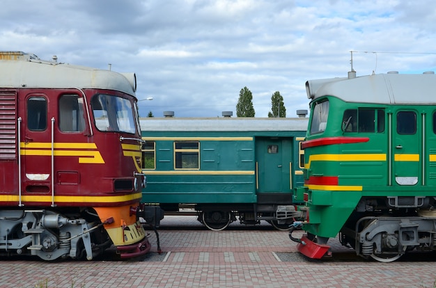 Cabs of modern Russian electric trains. Side view of the of