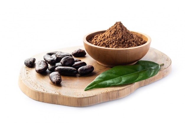 Cacao beans and powder in wooden bowl isolated on white.