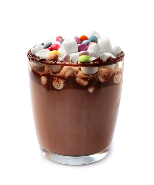 Cacao drink with marshmallows and candy on white background.Dessert.Chocolate drinks.Coffee