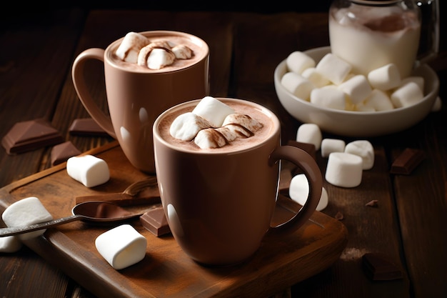 Cacao en melk versierd met chocoladerepen Generatieve AI