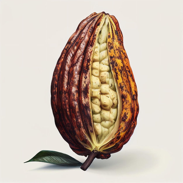 Cacao fruit rauwe cacaobonen en cacao pod witte achtergrond