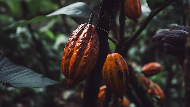 숲 속 의 나무 에 있는 카카오 과일 자연적 배경