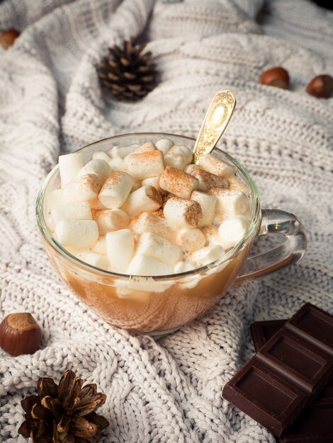 Cacao in een glazen beker met een marshmallow, chocoladekaneelkegels en noten
