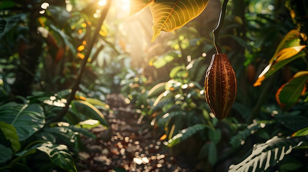 Foto cacao in het regenwoud natuurlijke omgeving natuurlijk licht zonneschijn