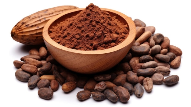 Cacao-ingrediënten met cacao-bonen en cacao-massa geïsoleerd op witte achtergrond Generatieve Ai