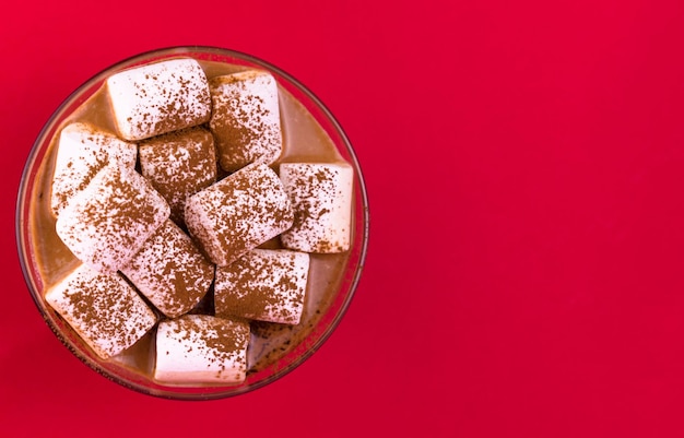 Cacao Marshmellow Rode Kerst Achtergrond Plat Leggen Kopie Ruimte