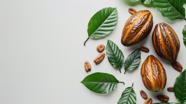 Cacao pods and beans on white background Top view