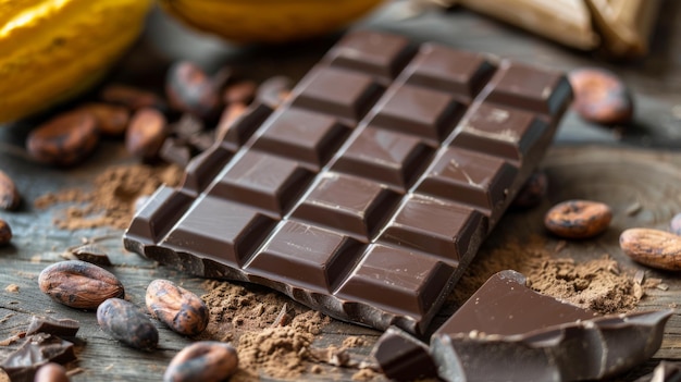 Cacao vrucht gesplitst open met een chocoladereep naast het de oorsprong onthuld