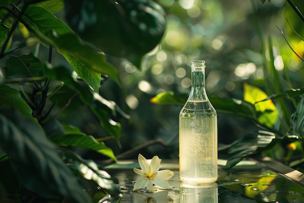 Cacao water beverage bottle rests among lush greenery with a white flower nearby