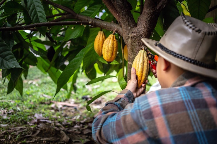 Cacaoboer gebruikt snoeischaar om de cacaopeulen of fruitrijpe gele cacao uit de cacaoboom te snijden