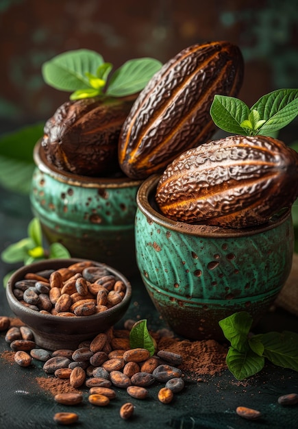 cacaobonen en cacaopoeder in groene keramische schaal