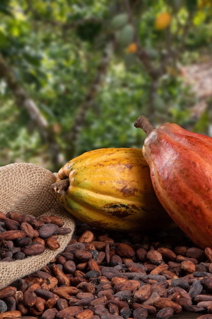 Cacaovruchten en ruwe cacaobonen met onscherpe cacaoplantage op de achtergrond.