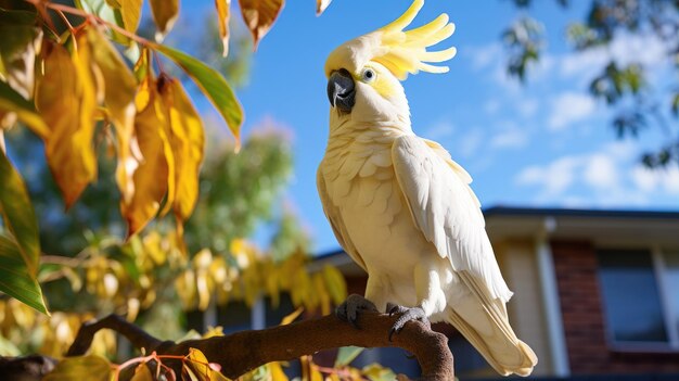 Cacatua galerita Sulphur crested Cockatoo zit op de tak