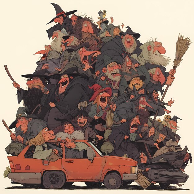 Photo cackling witches gathering in an orange car