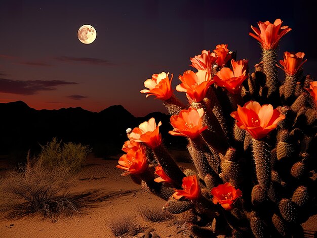 Cacti in bloom under a brilliant desert moon