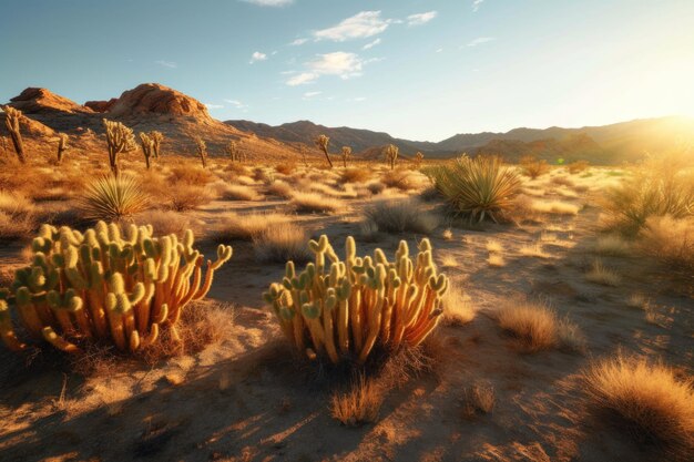 Foto i cactus proiettano lunghe ombre durante l'ora d'oro creata con l'ia generativa