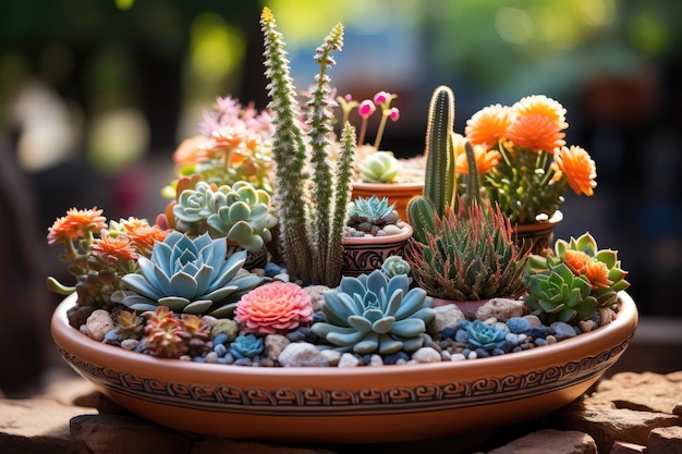 Cacti in colorful pots in Bonsai Garden generative IA