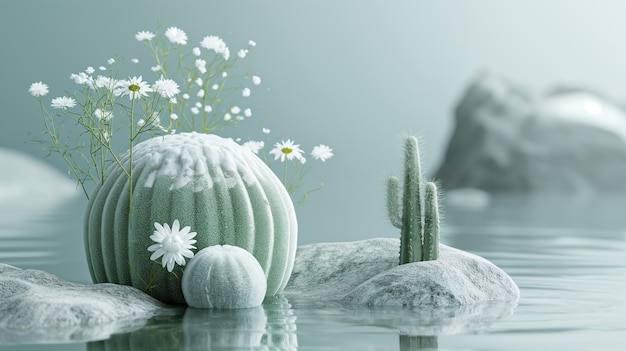 Cacti and gray round stone balls and rough stones in the interior as decoration