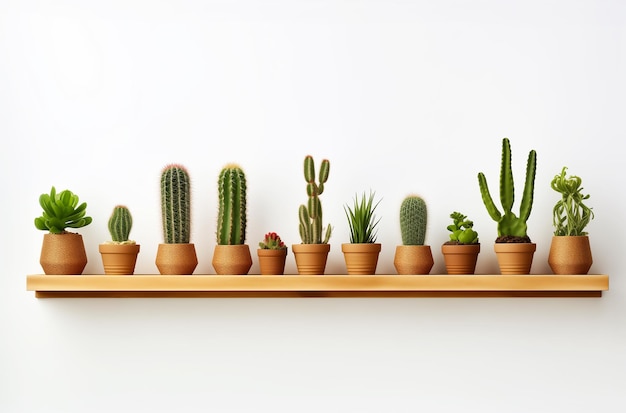 cacti growing on a wooden shelf on a white wall with plants in the style