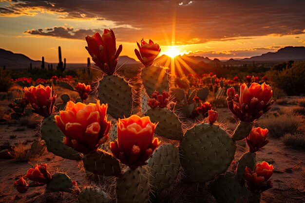 Cacti silhouettes in the desert sunset generative IA