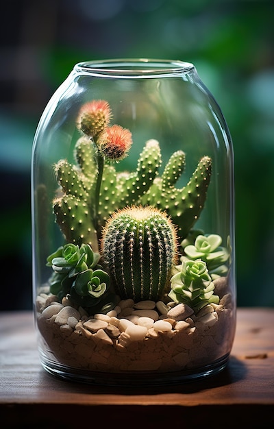 Photo cacti and succulents of various shapes and sizes in a glass terrarium against a dark background