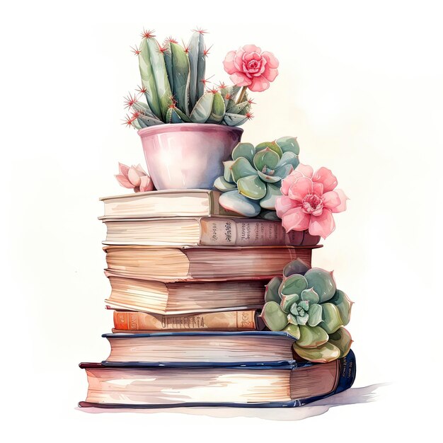 Photo cactos cute with books watercolor