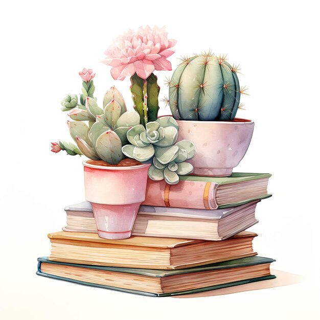 Photo cactos cute with books watercolor