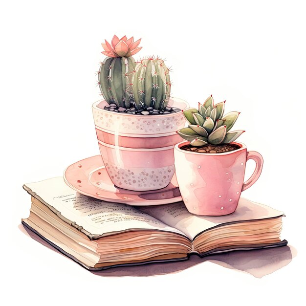 Photo cactos cute with books watercolor