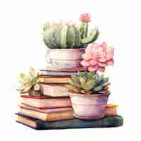 Photo cactos cute with books watercolor