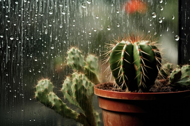 Cactus achter regendruppels op een raam