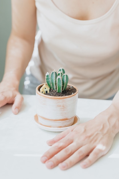 Foto un cactus in un bellissimo vaso di argilla sulla mano di una pianta in vaso donna europea per la decorazione domestica