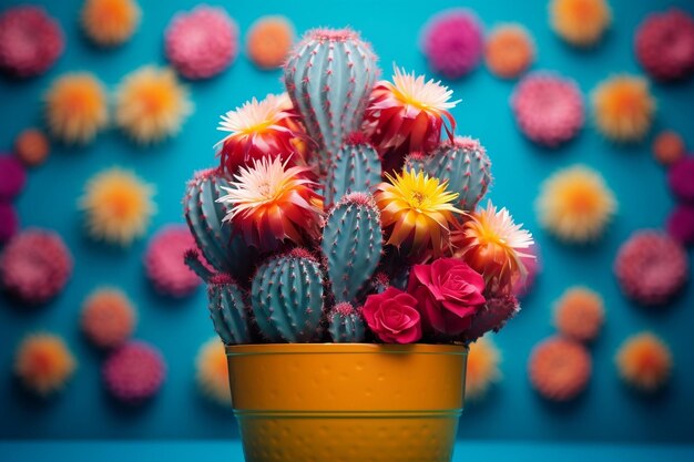 A cactus in a blue and pink pot AI