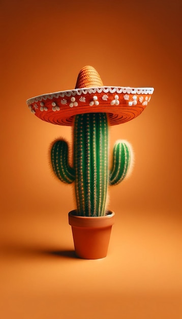 Cactus Character in Sombrero Warm Orange Background