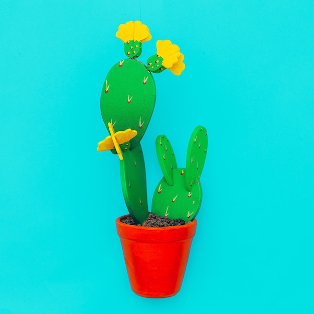 Cactus decor on a blue background Minimal flat lay art